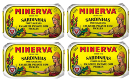 4 x 120g Cans Sardines Fish in Spicy Olive Oil with Pickles Minerva Port... - £18.73 GBP