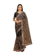 Designer Black Heavy Thread Embroidery Work Sari Heavy Net Party Wear Saree - £58.94 GBP