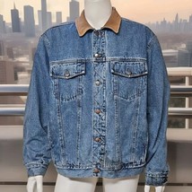 Vtg Denim Jacket Mens XL Distressed Cowboy Coat Fleece Lined Blue Leathe... - $55.66
