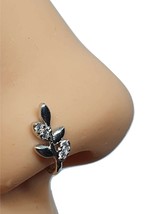 Clip On Nose Stud Cuff Olive Branch Leaf 4 CZ Stones Non Piercing Silver Plated - £3.69 GBP