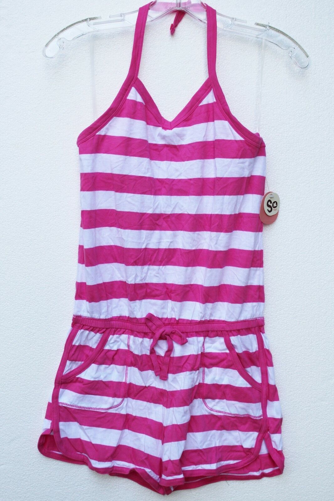 Primary image for SO Girls L 14 XL 16 Striped Knit Halter Romper w/ Drawcord Shelf Bra Pink White 