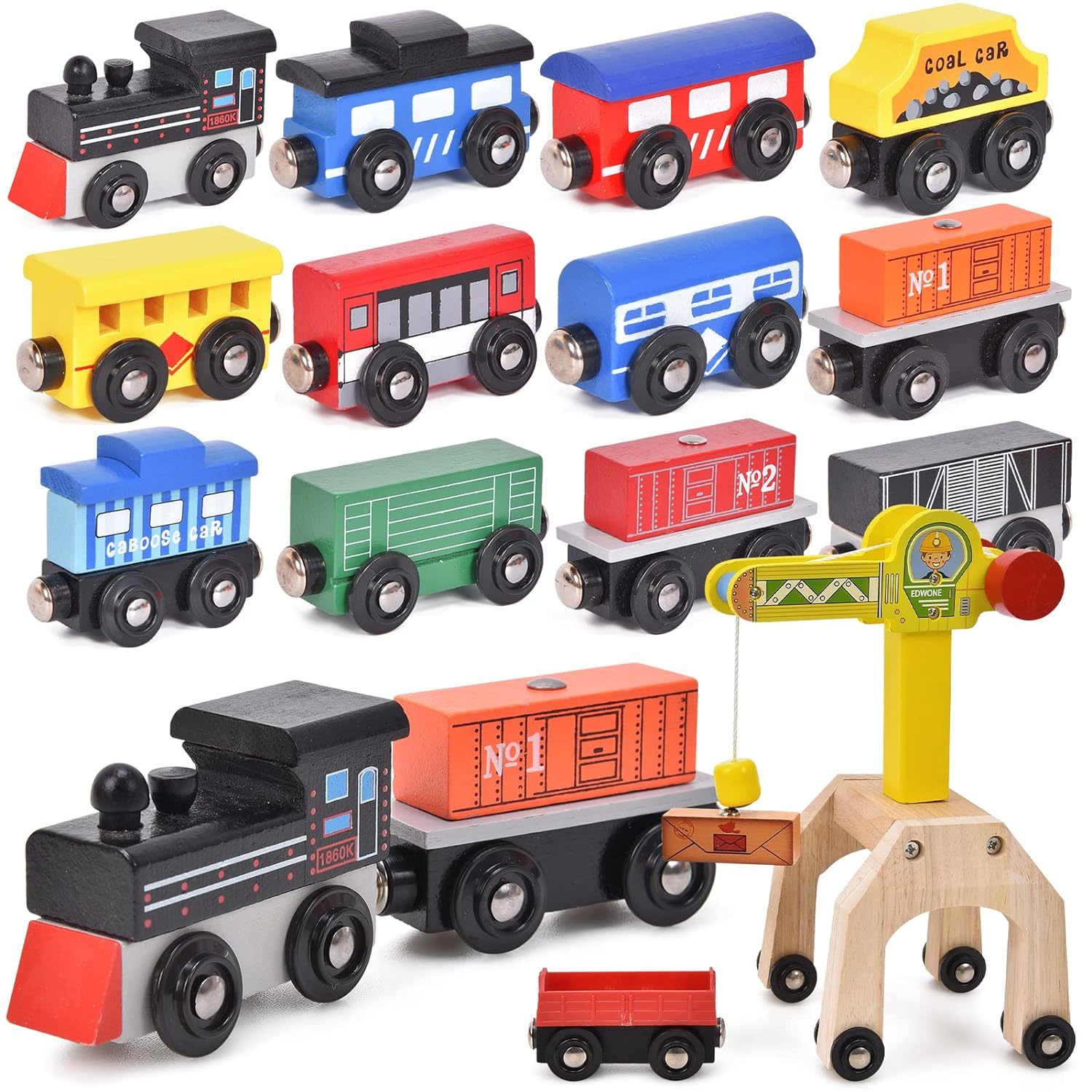 Wooden Train Cars Set With Crane Toddlers Train Toys