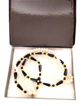 Elegant 3 Strand Women&#39;s Necklace Imitation  Pearls Navy &amp; Gold Tone Beads Boxed - £19.64 GBP
