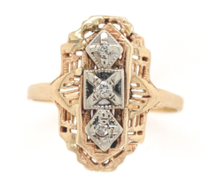 14k Yellow Gold Filigree Ring w/ Three Genuine Natural Diamonds Size 9.5  #J6624 - £427.54 GBP