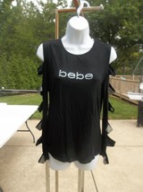 NWT BEBE BLACK LOGO BEADED TOP WITH CUT OUT SLEEVES L - £15.71 GBP