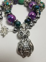 Silver Owl Pendant Statement Necklace with Purple, Teal and Green Mixed Beads - £41.11 GBP