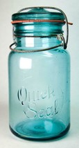 Old Quick Seal Aqua Blue 1-Qt Glass Canning Jar 8 - £4.77 GBP