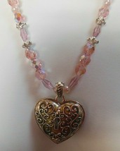 Vintage Pink Glass Crystal Bead Heart Pendant Necklace &amp; Matching Hook E... - $44.55
