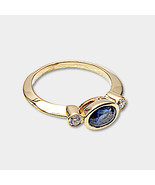 Blue Sapphire &amp; Diamond Ring, 14k Yellow Gold, East West Stack Design - £1,601.78 GBP