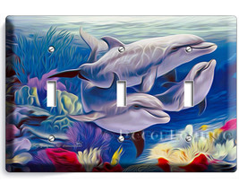 Dolphins happy family in tropical sea colorful ocean floor triple light switch c - £16.02 GBP