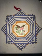 handmade trivet Robin Bird with orange blue white thread woven stripes v... - €34,55 EUR