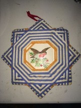 handmade trivet Robin Bird with orange blue white thread woven stripes vintage  - £31.37 GBP