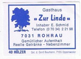 Matchbox Label Germany Gasthaus Zur Linde Rohrau - £0.78 GBP