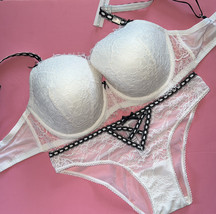 Victoria&#39;s Secret 36DDD Bra Set M Panty White Black Lace Ribbon Dream Angels - £63.22 GBP