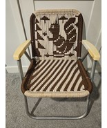 Aluminum Folding Antique Lawn Chair Yarn Hand Woven Squirrel Macrame Web... - $48.37