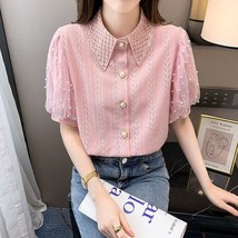 Elegant Fashion -neck  Out  Blouses Female 2022 Summer Korean Loose Beading  Puf - £56.29 GBP