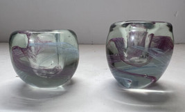 Candle Holder Hand Blown Glass Blue Purple Swirl Accent Smooth Bottom Set of 2 - £19.89 GBP
