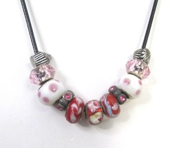 Lampwork Glass Bead Necklace Red and Pink Cupcake Slide Charms on Black Cord - £11.72 GBP