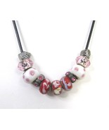 Lampwork Glass Bead Necklace Red and Pink Cupcake Slide Charms on Black ... - £11.76 GBP