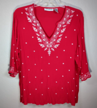 Cathy Daniels Womens 1X Red Crinkle Top Embroidered V Notch Holiday Blouse - £10.51 GBP