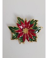 Signed SFJ Gold Tone Poinsettia Flower Brooch Pin Red Green Christmas Ho... - $235.73 MXN