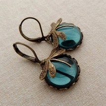 Vintage Dragonfly Pendant Earrings - Boho Chakra Blue Moonstone Drop Earrings - £9.48 GBP