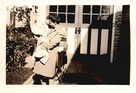 VINTAGE PHOTO 1943 B &amp; W 2 3/4&quot; x 2 1/2&quot; MOM HOLDING SWADDLED BABY OUTSI... - $0.99
