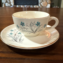 Taylor Smith Tea Cup and Saucer MCM Turquoise Floral Gold Trim Rim - $16.48