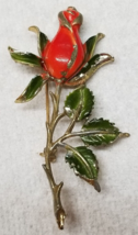 Rose Pin Floral Closed Flower Open Leaves Red Enamel Metal 1960s - $11.35