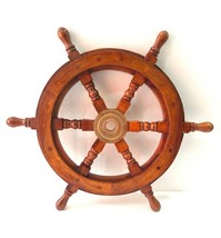 18&quot; Ship Wheel Wooden Brass: Pirate Boat Wooden Wall Hanging Home Decor - £42.60 GBP