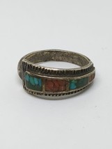 Vintage Sterling Silver 925 Crushed Stone Turquoise Coral Ring Size 8 - $34.99