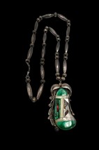 Vintage Navajo Signed J Sterling Silver Malachite Coral Squash Blossom Necklace - $849.99