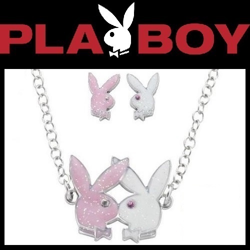 Playboy Jewelry Set Bunny Necklace Earrings Pink White Kissing Bunnies Logo Box  - $59.69