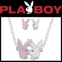 Playboy Jewelry Set Bunny Necklace Earrings Pink White Kissing Bunnies Logo Box  - £47.21 GBP