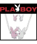 Playboy Jewelry Set Bunny Necklace Earrings Pink White Kissing Bunnies L... - £47.16 GBP