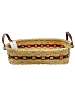 Handmade Basket Bread Basket Red and Green Accent Leather Handles Wood Base - £31.19 GBP