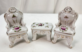 Set 2 Chairs 1 Table Flowered Made in Japan Vintage Children Miniature 3 1/4&quot; Hi - £11.86 GBP