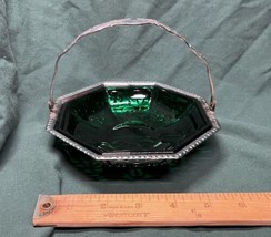 Antique Octagon Silver Basket with Green Glass Insert Candy Dish ~6&quot; W X... - £32.17 GBP