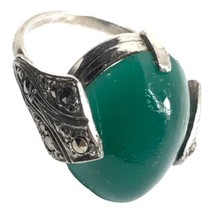 1920s Art Deco Era Sterling Silver Ring W Chrysoprase + Marcasites Size 6 - £179.43 GBP