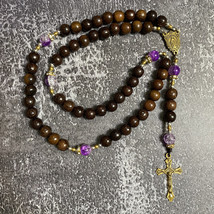 Catholic Rosary adorned with purple gemstone beads, Wood Bead rosary - £23.90 GBP