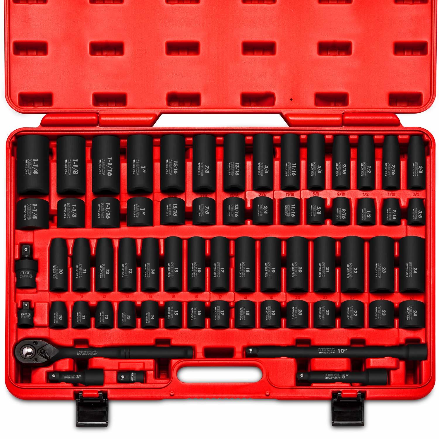 NEIKO 02448A 1/2" Drive Master Impact Socket Set, 65 Piece, Standard SAE (3/8"-1