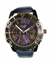 NEW Geneva Platinum 2353 Women's Roman Navy Blue Leather Gold Bezel Black Watch - £12.73 GBP