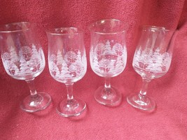 Vtg Lot Of 4 Libbey Arby&#39;s Frosted  Winter Tree Scene Tulip shaped Goblets - £18.66 GBP