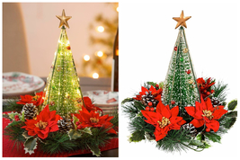 LED Bottle Brush Tree with Artificial Poinsettias Table Decor - £107.10 GBP