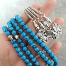 Muslim Rosary 99 beads Blue Turquoise Synthetic Stone Tasbih Silver Leaf... - $22.13