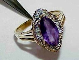 14K Amethyst Marquise 12 Diamond Marquise design Ring 7 Yellow Gold Vintage  - £337.95 GBP