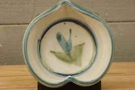 Vintage Art Pottery Heart Shaped Dish Candy Nut Bowl Green &amp; Blue Tree C... - $16.82