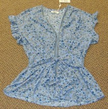 Womens Blouse Max Studio Blue Floral V-neck Short Sleeve Tie Waist Top NWT $78-M - £21.97 GBP