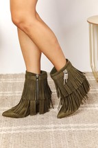 Legend Fringed Wedge Heel Pointy Toe Olive Green Ankle Booties Boots - $57.00