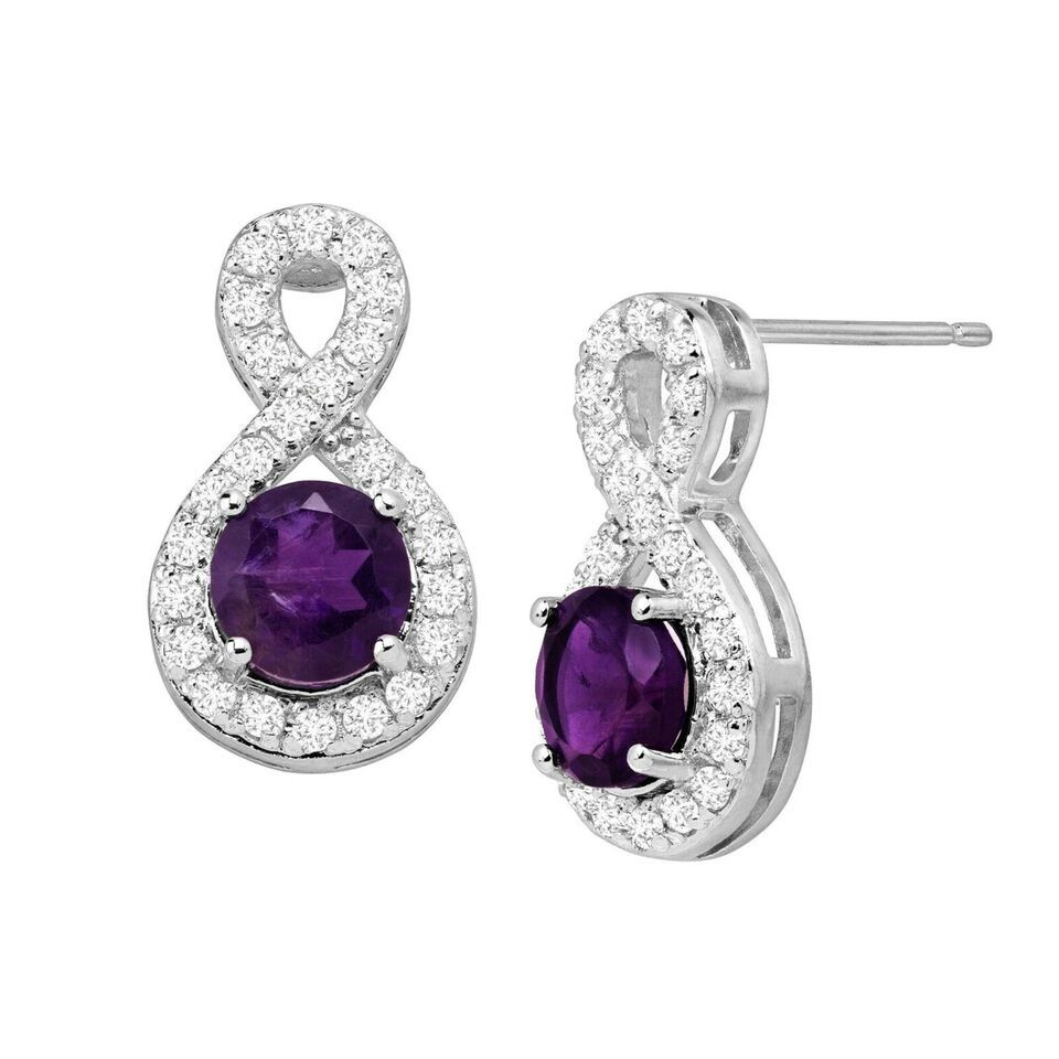 Primary image for Silver Infinity Drop Stud Earrings with 0.90Ct Simulated Amethyst, White Topaz